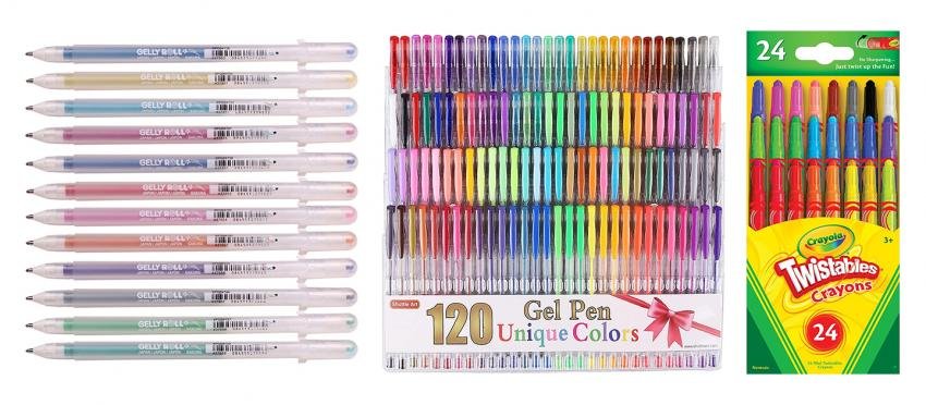 Sakura Stardust gel pens, Shuttle Art gel pen set, and Crayola Twistables crayons