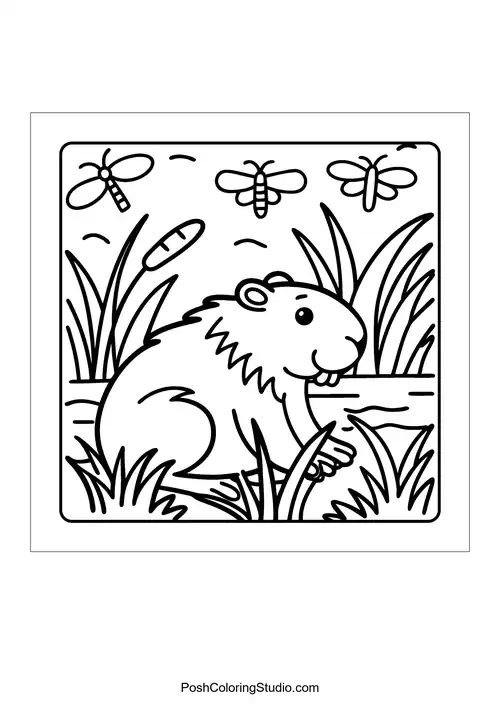An otter wearing a raincoat under a rainbow with raindrops.