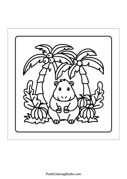 A hippo sitting between palm trees.