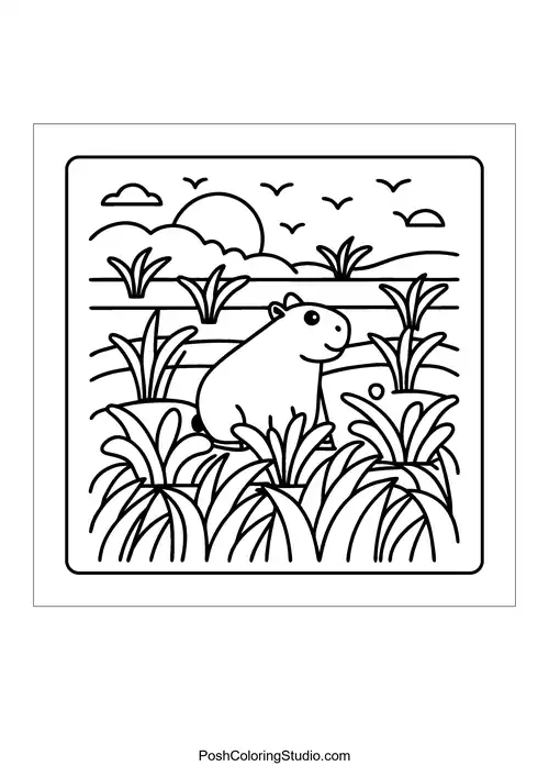 An otter wearing a scarf, walking through a grassy field.