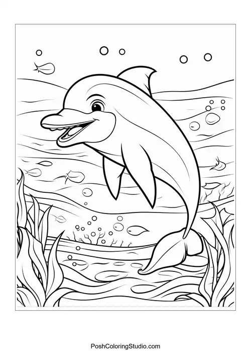 A dolphin swimming with a playful expression and bubbles.