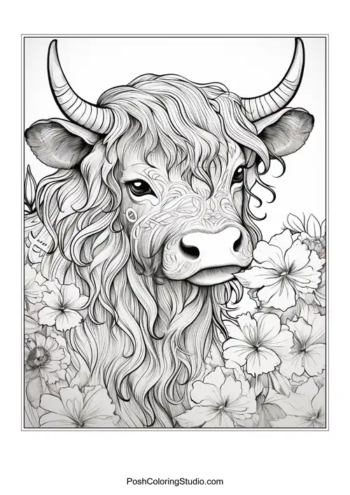 A highland cow with a flowing mane and floral accents.