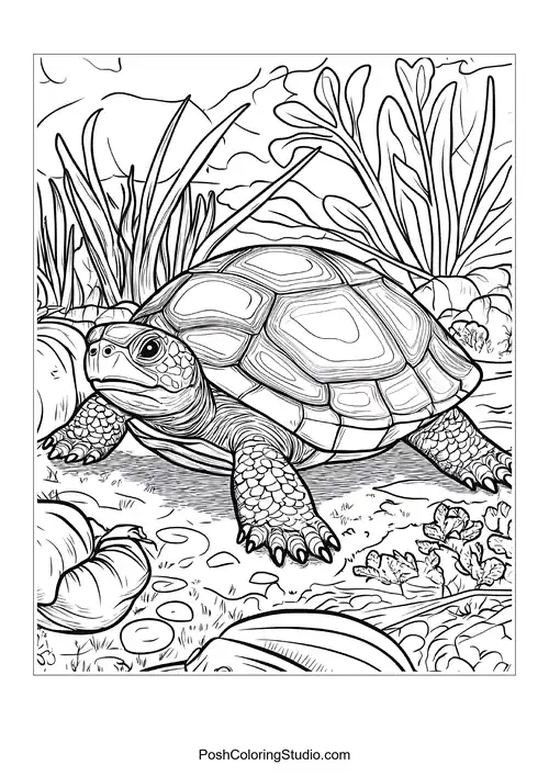 A turtle resting on a rocky surface with detailed shell patterns.