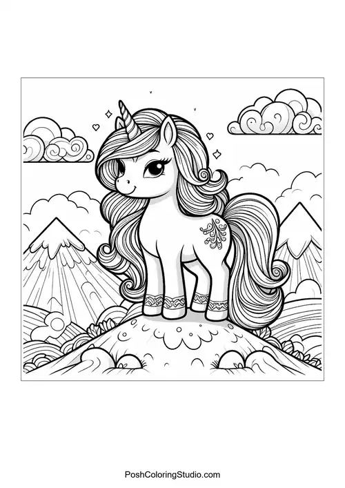 A unicorn standing on a hill with mountains in the background.