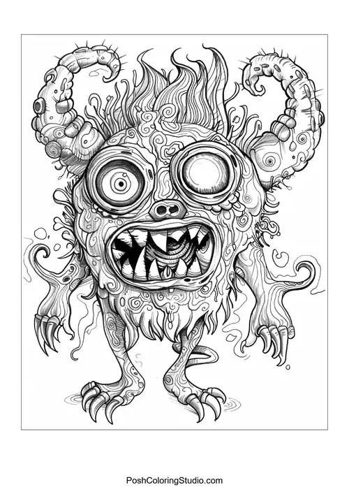 A monster with a fluffy body and large eyes grins widely.