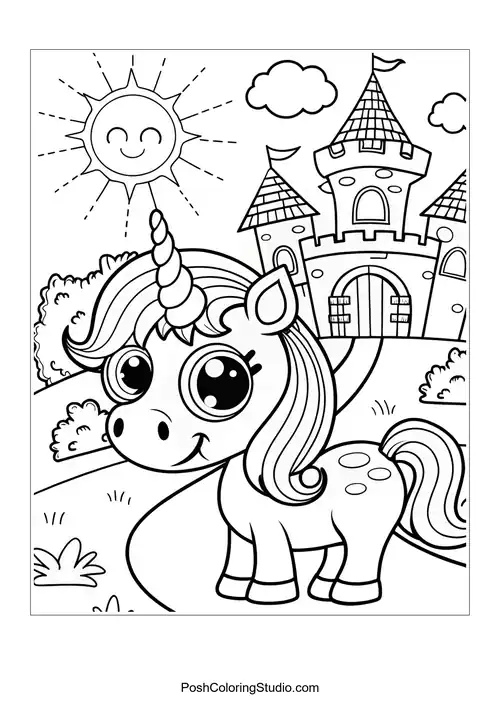 A unicorn with a curly mane in front of a castle.