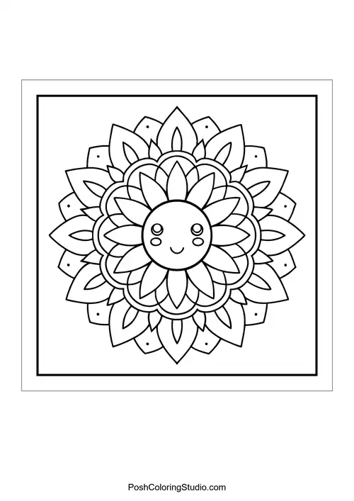 A smiling sun surrounded by a mandala of petals.