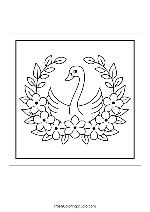 A swan surrounded by flowers in a circular design.