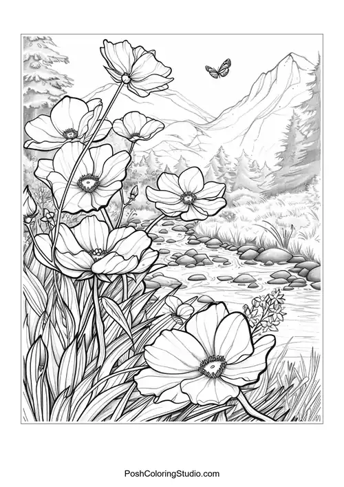 A detailed illustration of flowers and plants in a natural setting.