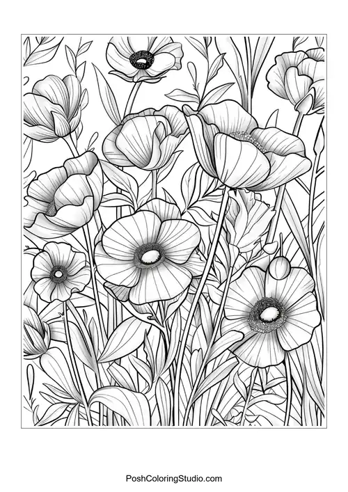 A vibrant garden scene with various flowers in bloom.
