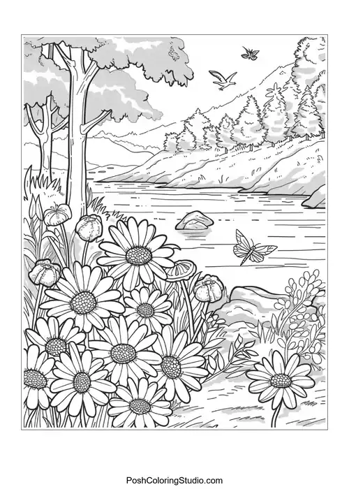 A scenic river with daisies and butterflies in the foreground.