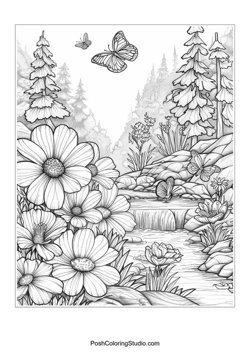 A peaceful river surrounded by flowers and trees.