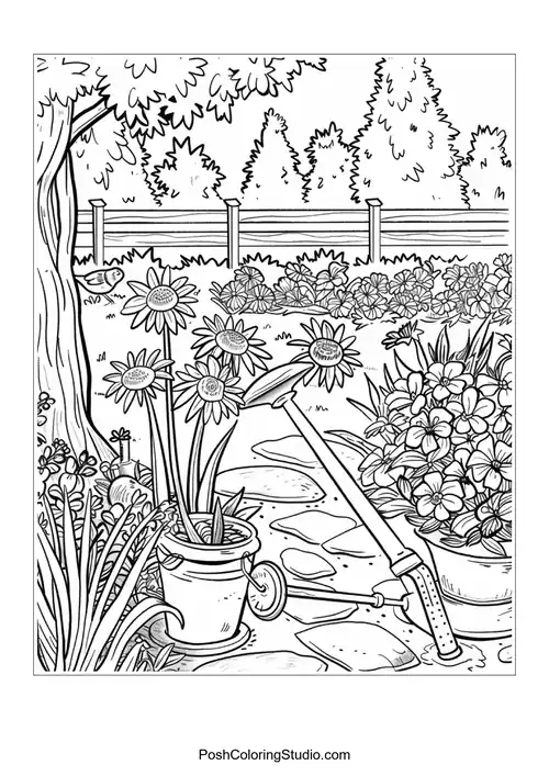 A garden scene with various flowers and gardening tools.