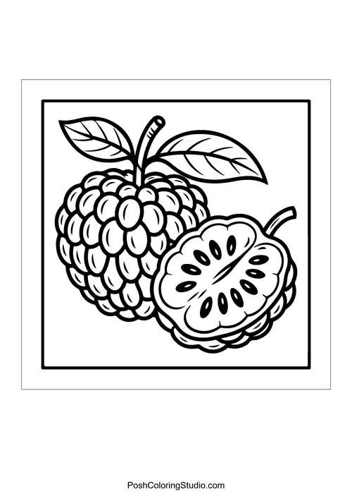 A lychee with a textured outer shell and leaves.