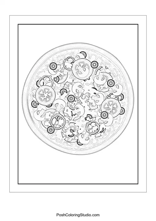 A pizza slice with a playful expression and various toppings.