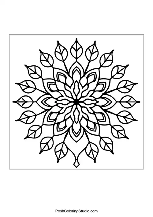 Flower mandala with elongated petals and circular accents.