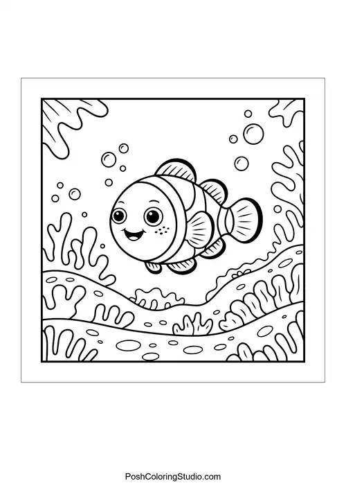 A cheerful fish swims among coral and bubbles.