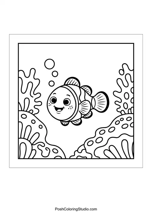 A smiling fish swims through coral and bubbles.
