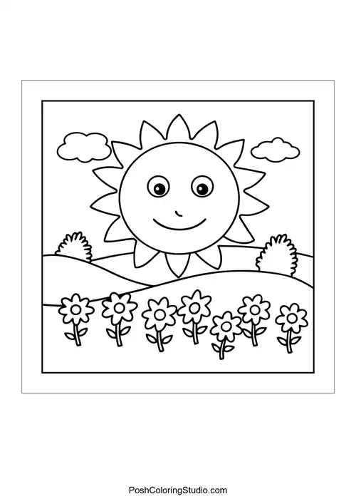 Mountains with a smiling sun and trees in the foreground.