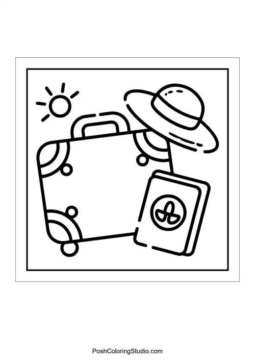 A suitcase, sun hat, and travel documents on a surface.