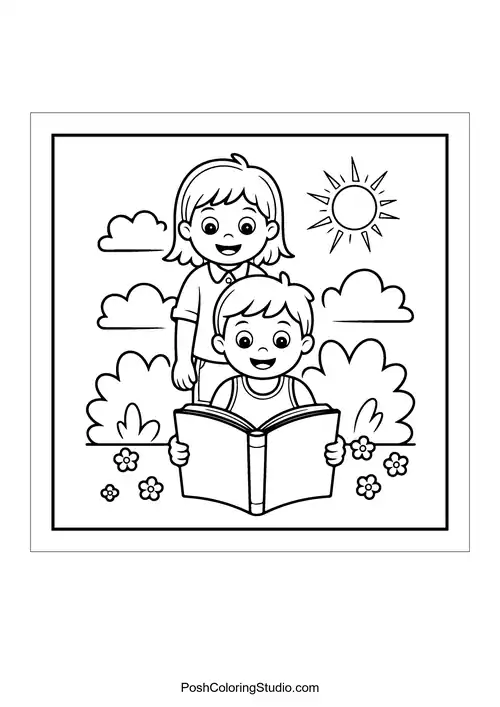A girl reading a book while a boy smiles beside her.