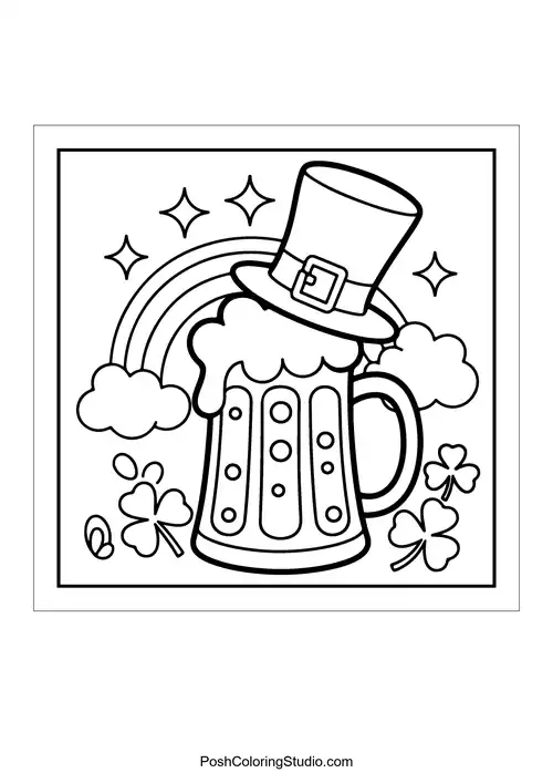 A beer mug wearing a leprechaun hat with clouds.