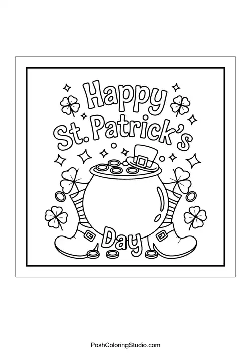 A pot of gold with a leprechaun hat and festive text.