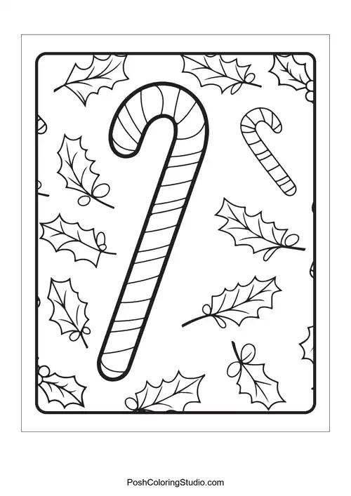 Multiple candy canes surrounded by holly leaves.