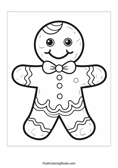 A gingerbread man with a bowtie and wavy icing patterns.