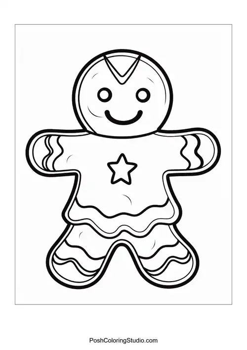 A gingerbread man with a star and wavy icing details.