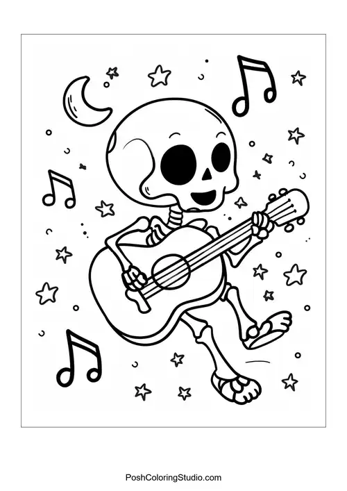 A skeleton playing guitar surrounded by stars and musical notes.