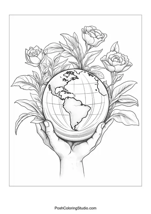 Hands holding a globe with blooming flowers around it.