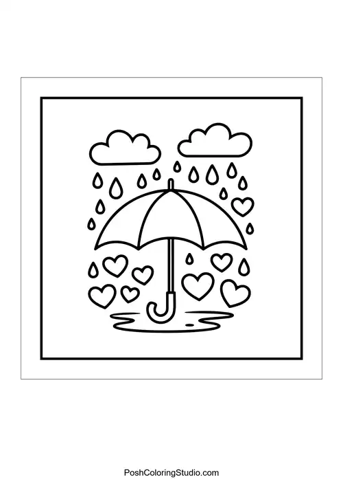 An umbrella surrounded by raindrops and hearts.