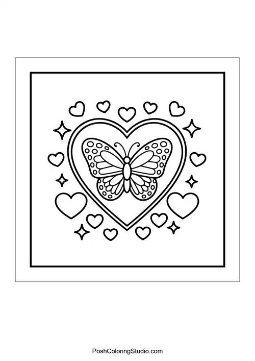 A butterfly inside a heart surrounded by smaller hearts.