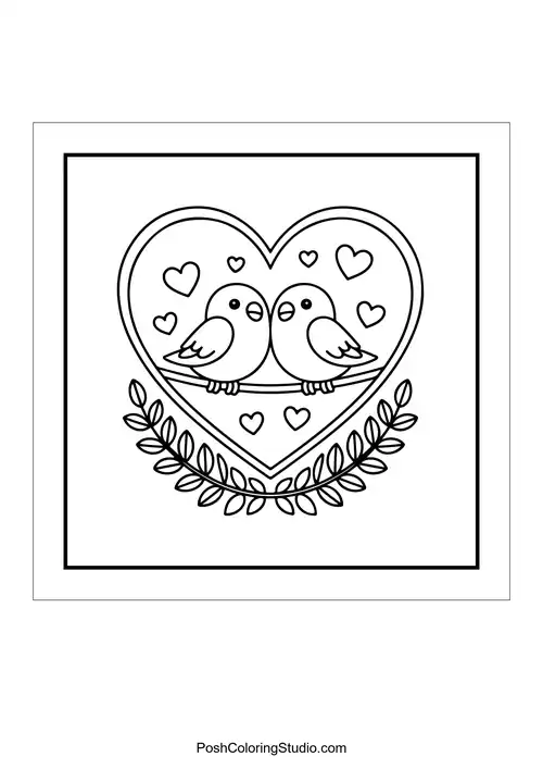 Two birds inside a heart surrounded by smaller hearts.