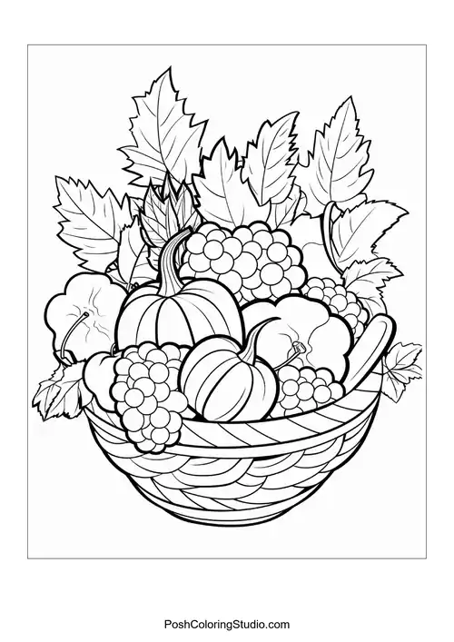 A basket brimming with pumpkins, grapes, and leaves.